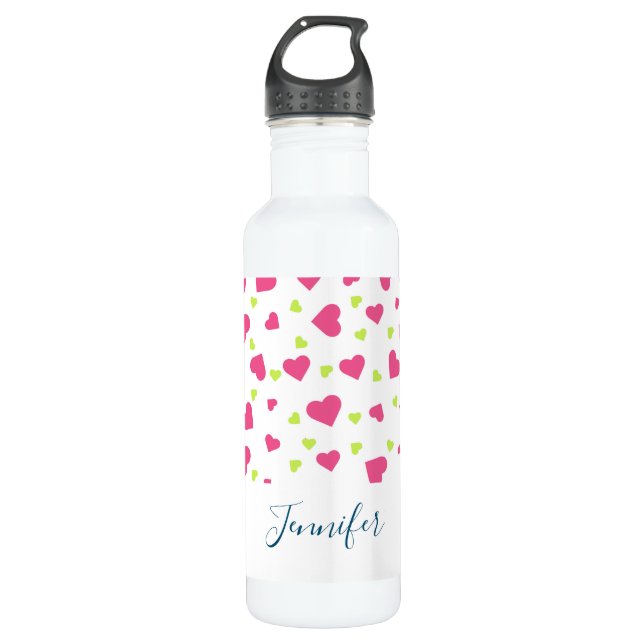 Bouteille D'eau Cute rose et vert Tumbling Hearts Motif (Devant)