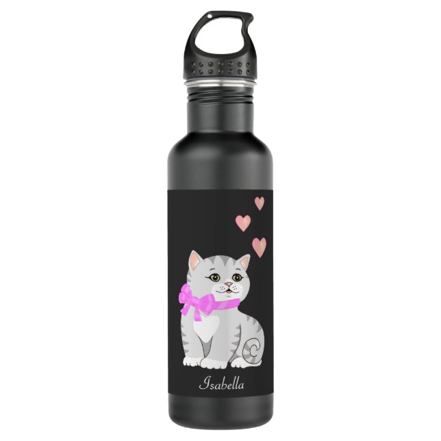 Bouteille D'eau Cute Tabby Chat et Coeurs sur Noir (Devant)