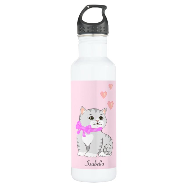 Bouteille D'eau Cute Tabby Chat et Coeurs sur rose (Devant)