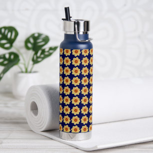 Bouteille D'eau Dahlia jaune motif floral sur bleu