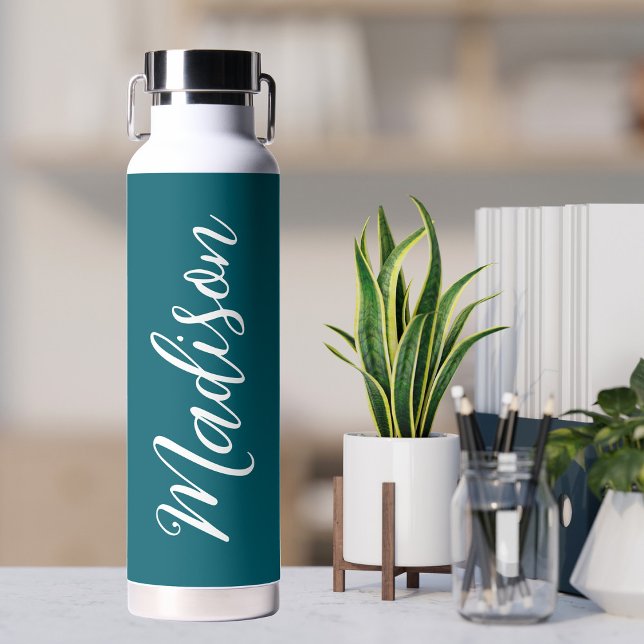 Bouteille D'eau Dark Turquoise Blanc manuscrit Script personnalisé (Créateur téléchargé)