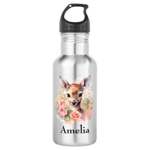 Bouteille D'eau De Beaux Cerfs Entourés De Roses