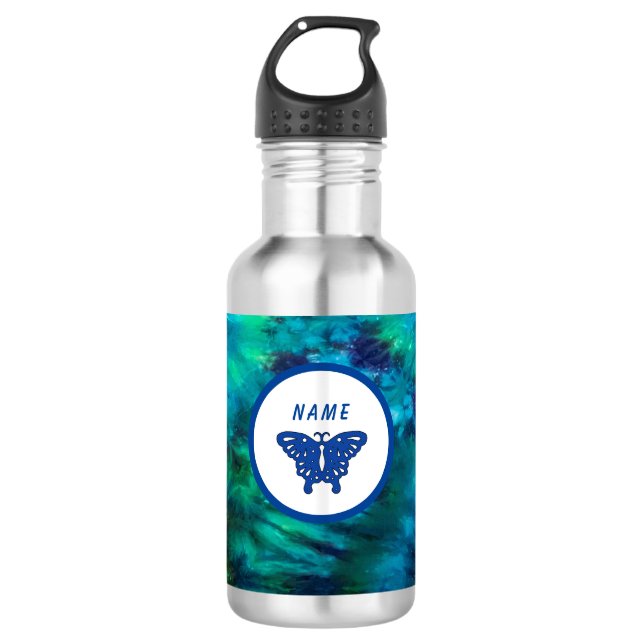 Bouteille d'eau de papillon Vert et bleu Cravate-t (Devant)