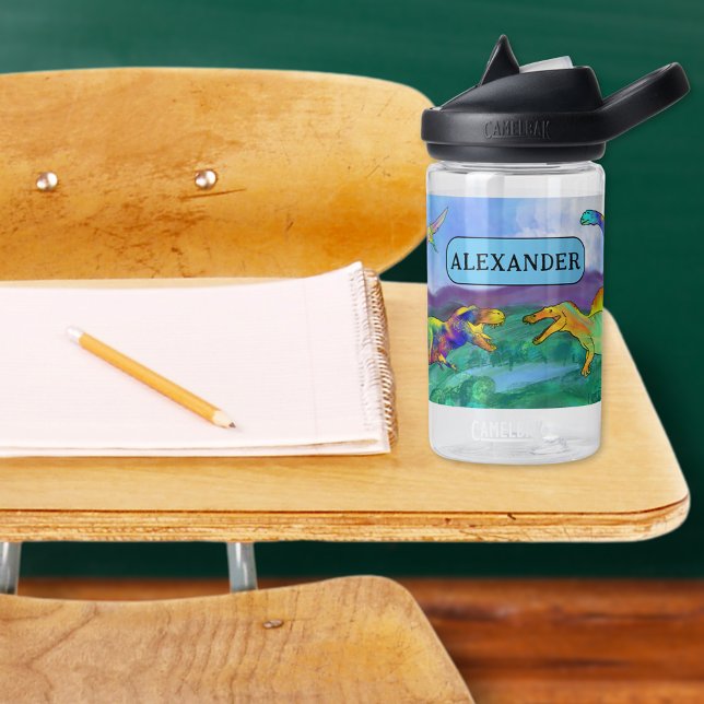 Bouteille D'eau Dinosaure coloré ajouter nom école (Dinosaur add name school water bottle colorful Jurassic watercolor T-Rex brontosaurus stegosaurus )
