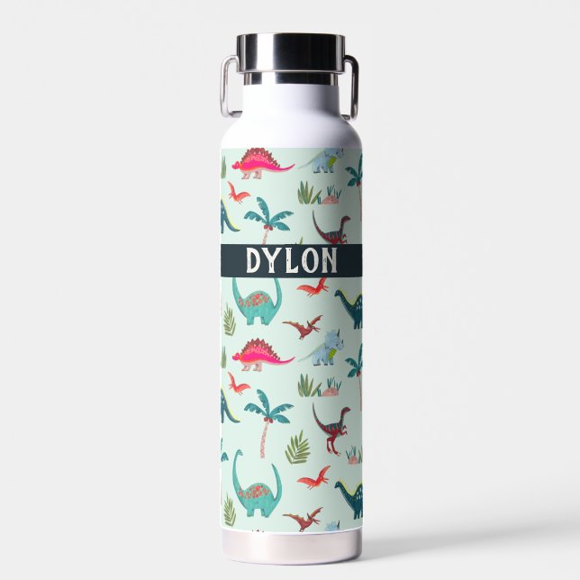 Bouteille D'eau dinosaure cool nom personnalisé bleu (Avant)