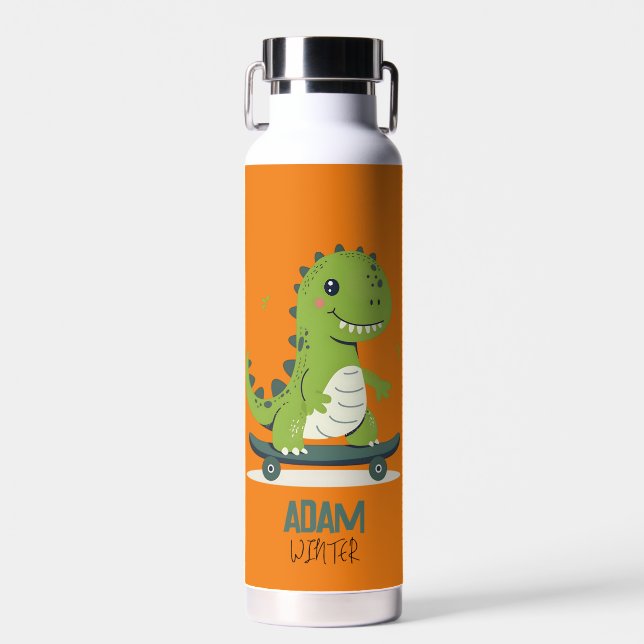 Bouteille D'eau Dinosaure De Skateboard Amusant Avec Nom Enfants (Avant)
