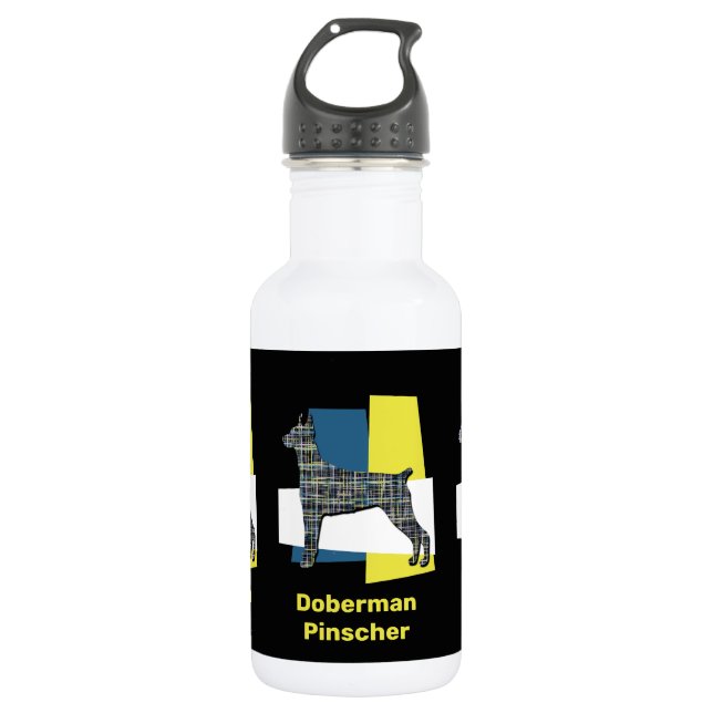 Bouteille D'eau Doberman Pinscher Chien Grille jaune et bleu (Devant)