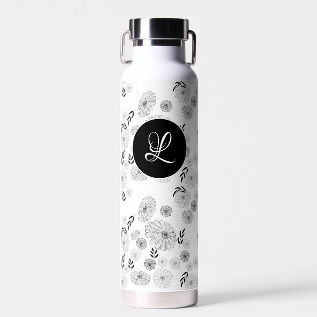 Bouteille D'eau Doodles de fleurs sauvages du Monogramme noir et b (Avant)
