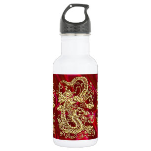 Bouteille D'eau Dragon doré en relief sur soie rouge imprimée