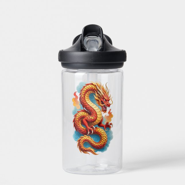 Bouteille D'eau Dragon Rouge Chinois Illustration Fougueuse-67561 (Avant)
