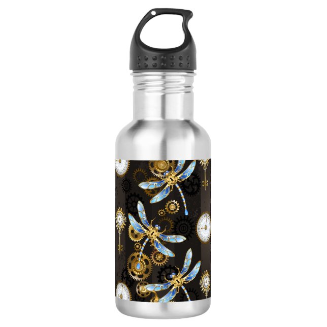 Bouteille D'eau Dragonflies de Steampunk sur arrière - plan rayé b (Devant)