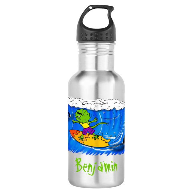 Bouteille D'eau Drôle caricature de surf de lézard au cou (Devant)