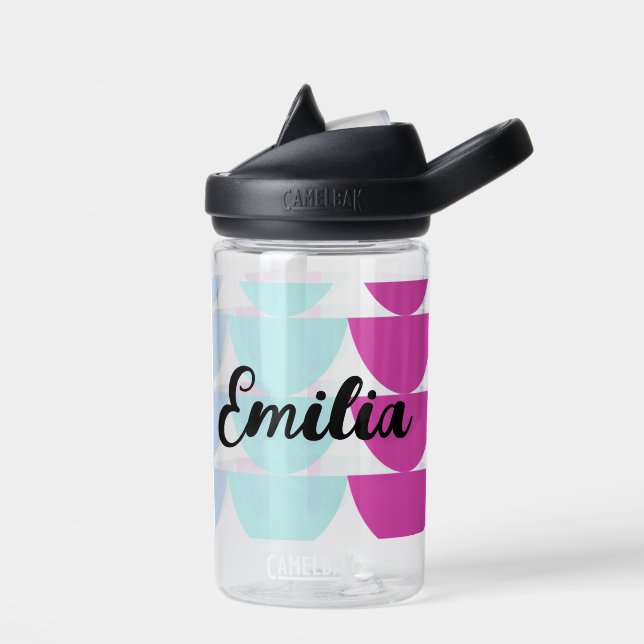 Bouteille D'eau Écaille de Sirène Bleue Rose Nom Enfant (Gauche)