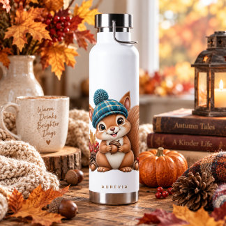 Bouteille D'eau Écureuil mignon d'automne avec chapeau à carreaux