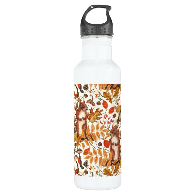 Bouteille D'eau Écureuils d'automne et flore automnale sur le blan (Devant)