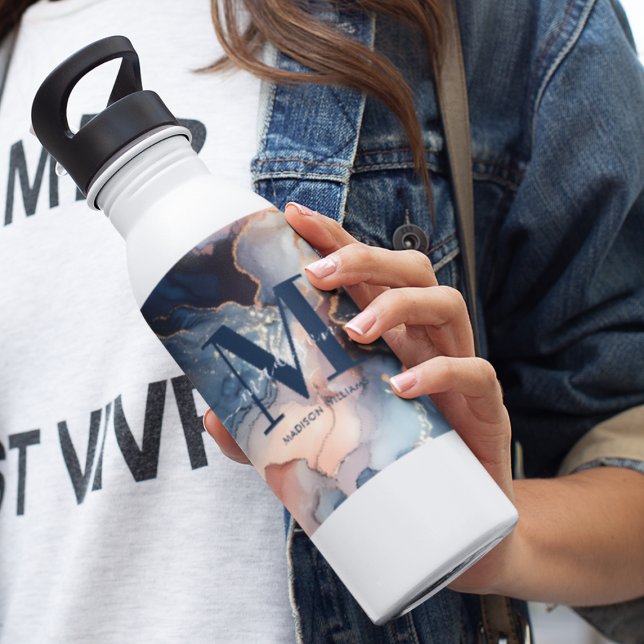 Bouteille D'eau Élégant Aquarelle Marbre Agate Monogramme Abstrait (Créateur téléchargé)