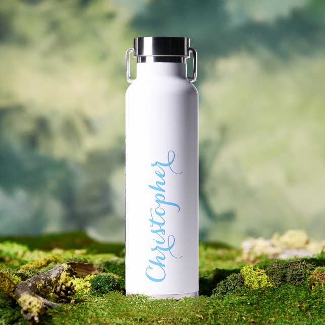 Bouteille D'eau Élégant Bleu Script Nom personnalisé Monogramme Bl (Elegant Blue Script Custom Name Monogrammed White Water Bottle)