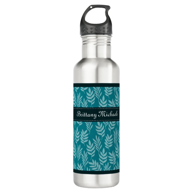 Bouteille D'eau Elégant Feuilles Aqua sur Motif Turquoise avec nom (Devant)