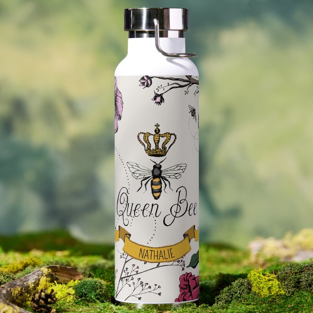 Bouteille D'eau Elégant ivoire Floral Queen Bee Personnalisé (Elegant Queen Bee Water Bottle for Her. Hand Drawn Queen Bee, Gold Crown, Exotic  Flowers with Name)
