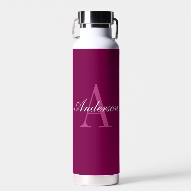 Bouteille D'eau Élégant Magenta Rouge, rose & blanc Nom & Monogram (Avant)