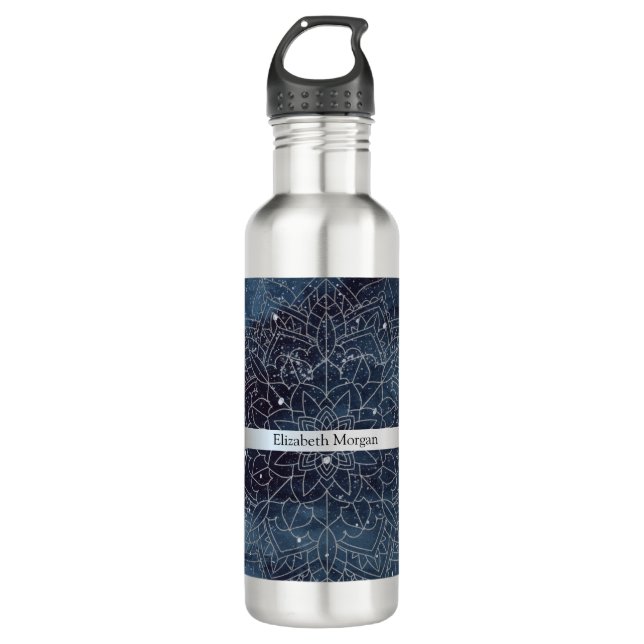 Bouteille D'eau Elégant moderne en argent Mandala Stripe Navy bleu (Devant)