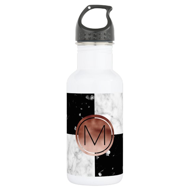 Bouteille D'eau Elegant monogram rose gold black marble (Devant)