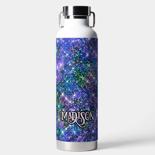 Bouteille D'eau Élégant monogramme bleu vert faux Parties scintill
