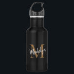 Bouteille D'eau Élégant Monogramme d'or noir Feminine Nom du scrip<br><div class="desc">Élégant Monogramme d'or noir Feminine Nom du script Bouteille d'eau en acier inoxydable. Personnalisez facilement cette bouteille d'eau en acier inoxydable moderne et élégante avec votre monogramme et votre nom personnalisés.</div>