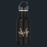 Bouteille D'eau Élégant Monogramme d'or noir Feminine Nom du scrip<br><div class="desc">Élégant Monogramme d'or noir Feminine Nom du script Bouteille d'eau en acier inoxydable. Personnalisez facilement cette bouteille d'eau en acier inoxydable moderne et élégante avec votre monogramme et votre nom personnalisés.</div>