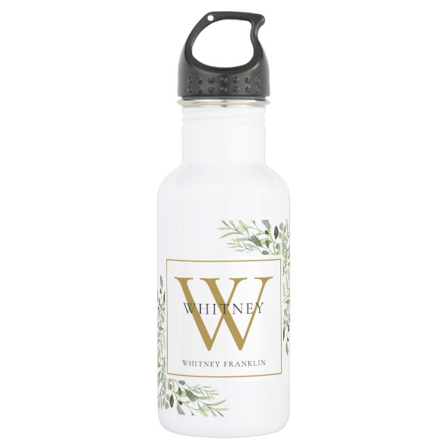 Bouteille D'eau Élégant Monogramme Doré de la Verdure Moderne (Devant)
