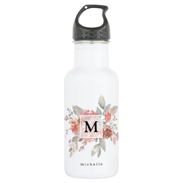 Bouteille D'eau Élégant Monogramme floral rose pâle (Devant)