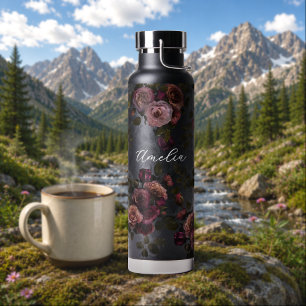 Bouteille D'eau Élégant motif artistique floral bordeaux foncé ros