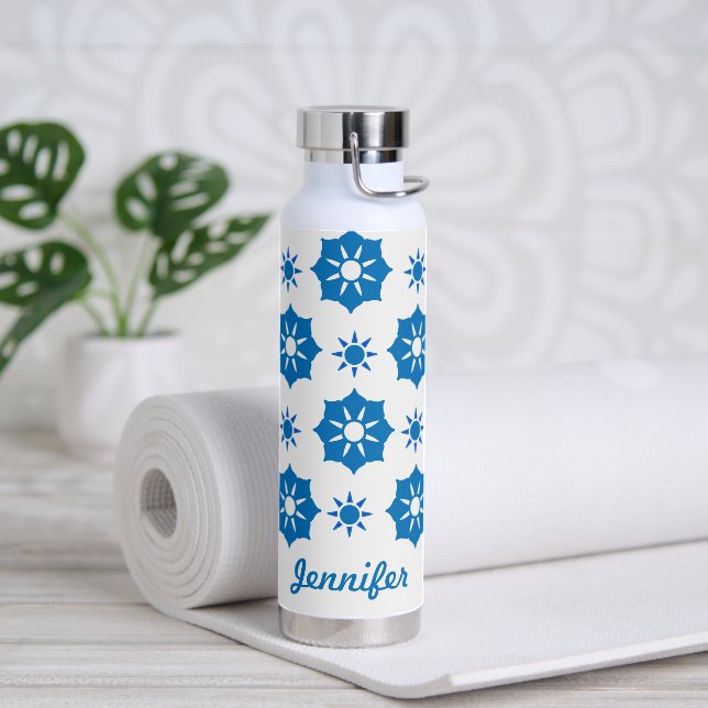 Bouteille D'eau Élégant Motif Floral Géométrique Bleu Et Blanc (Yoga)