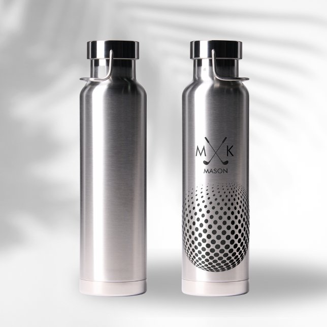 Bouteille D'eau Élégant Noir moderne Monogramme de balle de golf (Créateur téléchargé)