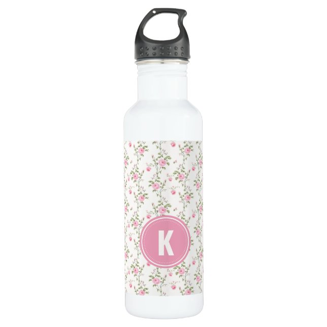 Bouteille D'eau Elegant Pink Roses Flowers Pattern Monogram (Devant)