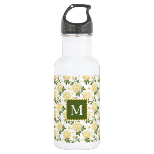 Bouteille D'eau Élégante Hydragea Jaune Monogramme Floral