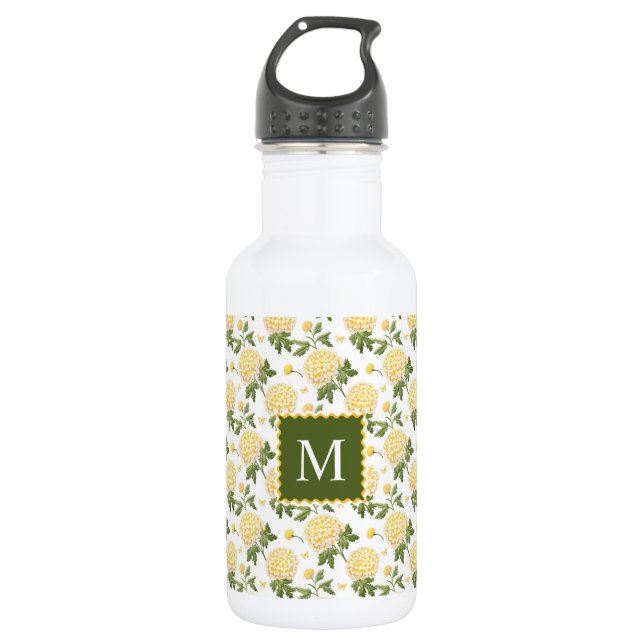 Bouteille D'eau Élégante Hydragea Jaune Monogramme Floral (Devant)