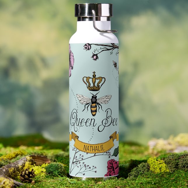 Bouteille D'eau Elégante Monnaie Florale Queen Bee (Elegant Queen Bee Gold Crown Water Bottle in Soft Mint for Her. Hand Drawn Floral Bee Illustration.)