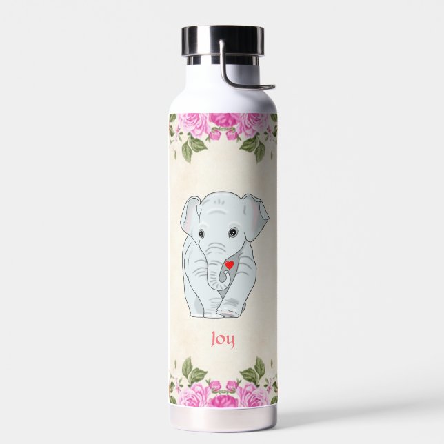 Bouteille d'eau Éléphant Mignon et Fleurs Roses (Gauche)