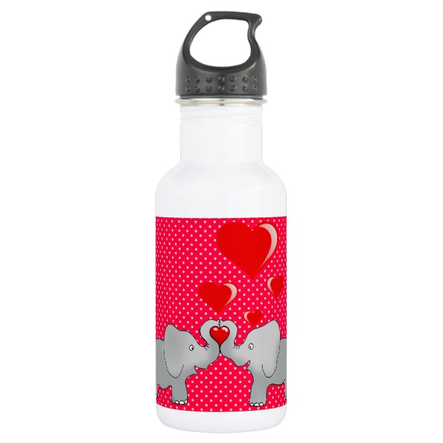 Bouteille D'eau Éléphants Romantiques & Cœurs Rouges Sur Points Po (Devant)