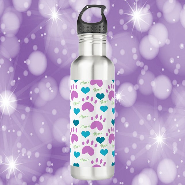 Bouteille D'eau Empreinte de patte Cat Motif Heart Meow (A water bottle with a pattern of cat paw prints, hearts and the word meow.)