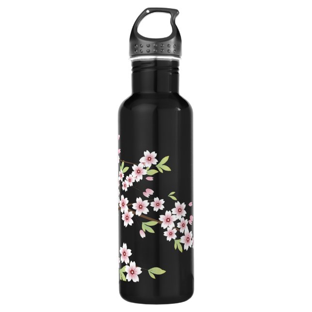 Bouteille D'eau En Acier Inoxydable Black avec rose et vert cerisier en fleurs Sakura (Devant)
