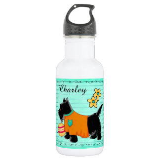 Bouteille D'eau En Acier Inoxydable Black Scottie Terrier Nom Personnalisé Turquoise V