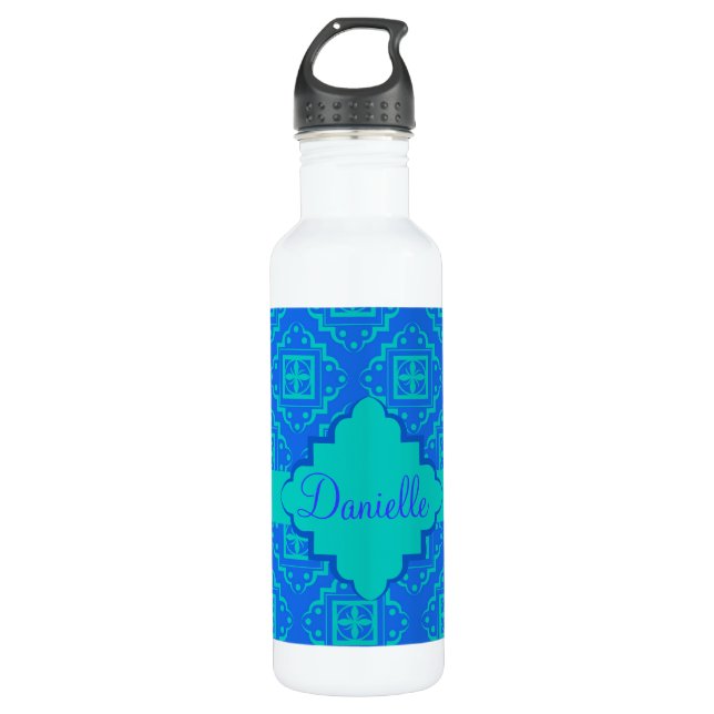 Bouteille D'eau En Acier Inoxydable Blue & Turquoise Aqua Arabesque Marocain (Devant)