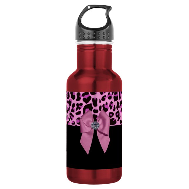Bouteille D'eau En Acier Inoxydable Bow rose avec diamant en Empreinte de léopard (Devant)