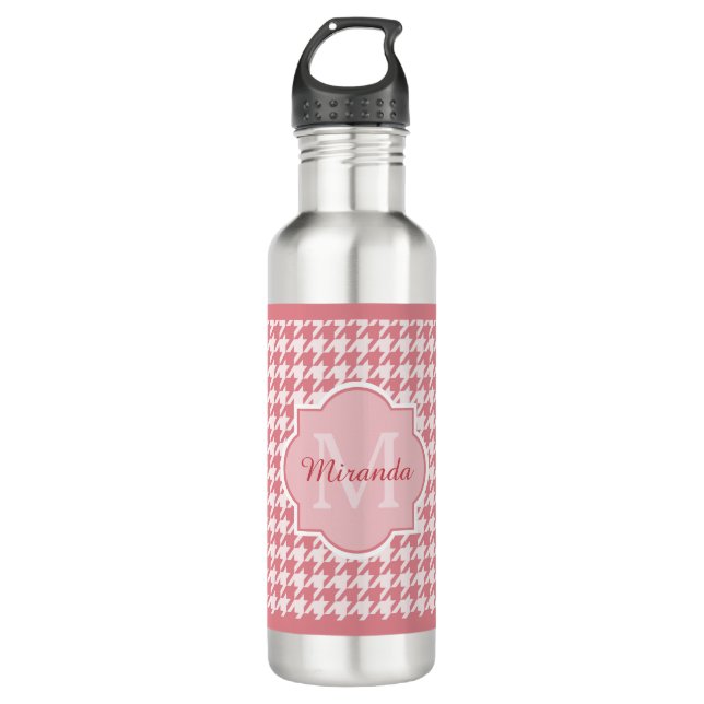 Bouteille D'eau En Acier Inoxydable Chic Monogram Rose Houndstooth Avec Nom (Devant)