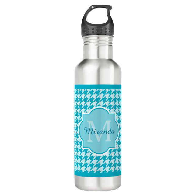 Bouteille D'eau En Acier Inoxydable Chic Monogramme Turquoise Houndstooth Avec Nom (Devant)