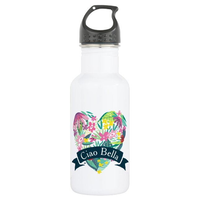 Bouteille D'eau En Acier Inoxydable Ciao Bella Cute Coeur Floral avec Fleurs Tropicale (Devant)