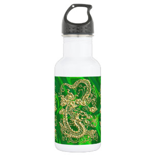 Bouteille D'eau En Acier Inoxydable Dragon en or embouti sur impression de satin vert