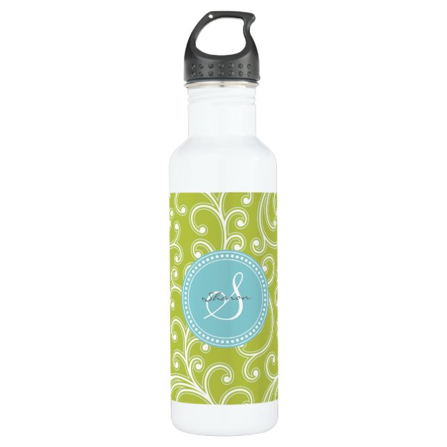 Bouteille D'eau En Acier Inoxydable Élégant modèle floral vert ceint monogramme (Devant)